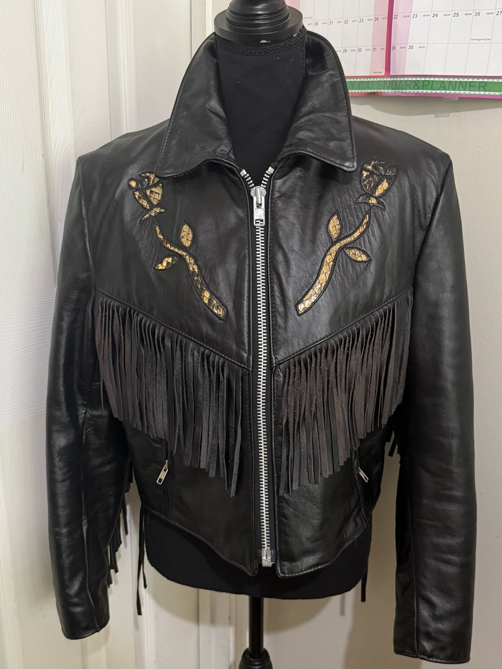 Vintage Steer Brand Black Genuine Leather Fringe Jacket Made in USA Size 14